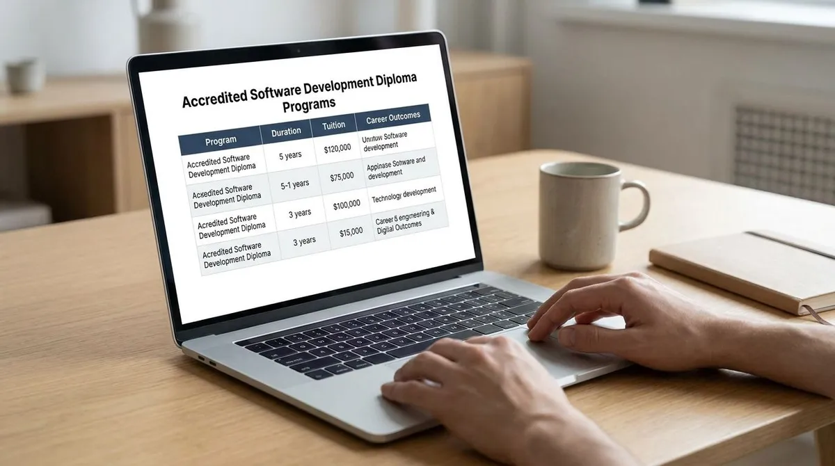 Student reviews software development diploma program details on a laptop