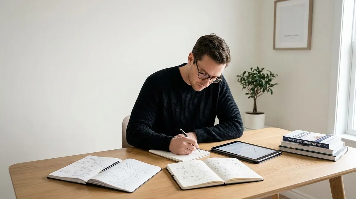 A founder reviewing startup notes and planning strategy at a desk