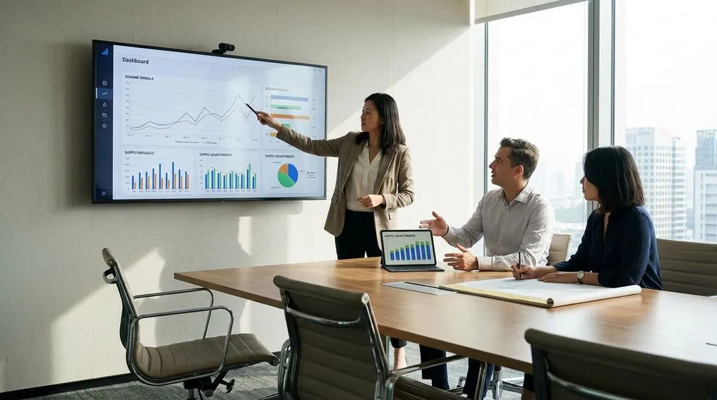 Supply chain planners reviewing demand changes on a forecasting dashboard