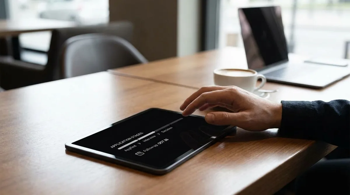 Job seeker reviewing a tech company hiring timeline on a laptop