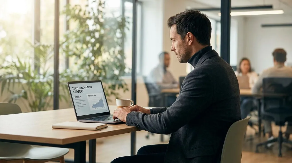 Professional reviewing technology innovation career paths on a laptop with charts, role maps, and digital strategy notes