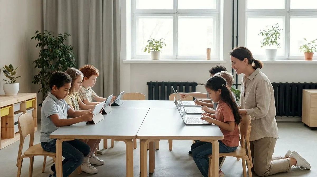 Students and a teacher using laptops in a modern classroom during a technology lesson