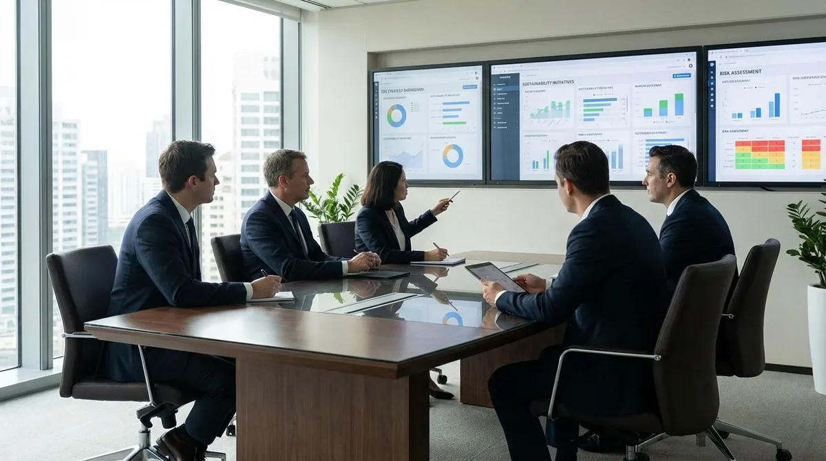 Executives reviewing ESG performance metrics on a laptop in a corporate meeting.