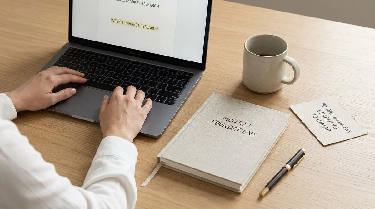 Beginner learning business at a desk with a 90-day roadmap, notes, and laptop