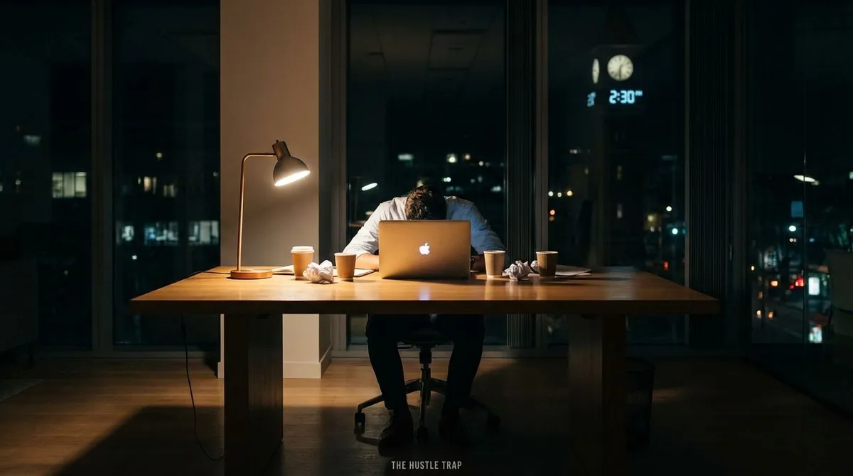 Tired office worker at a desk late at night, staring at a laptop with an overfilled calendar on screen