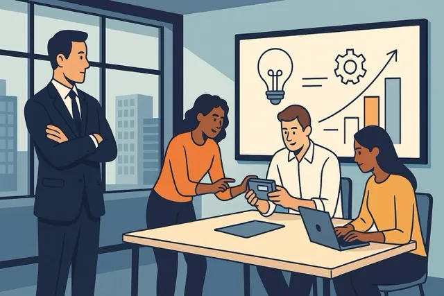 Big Tech executive observing a startup team’s innovation process