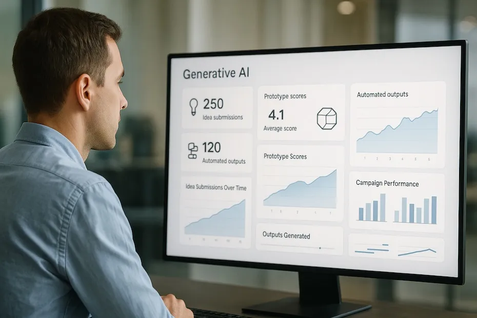 A professional reviewing a generative AI dashboard with innovation metrics, prototypes, and automated outputs displayed on a large digital screen.