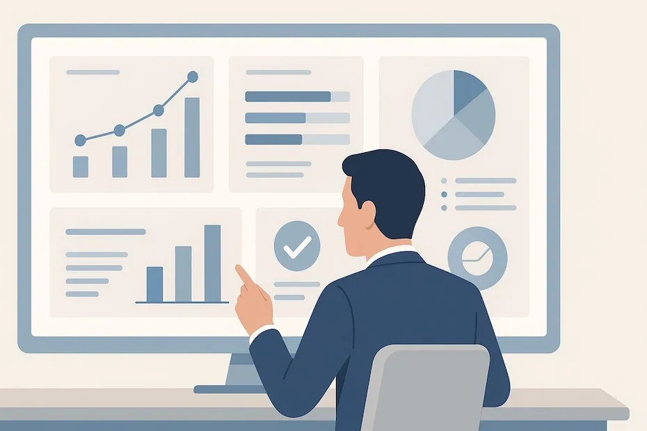 Executive analyzing dashboards with performance metrics, goals, and team alignment charts.