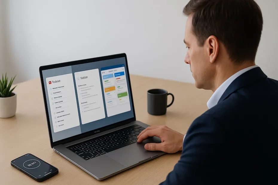 Executive using top productivity apps on a clean digital workspace with organized tasks and planning tools.