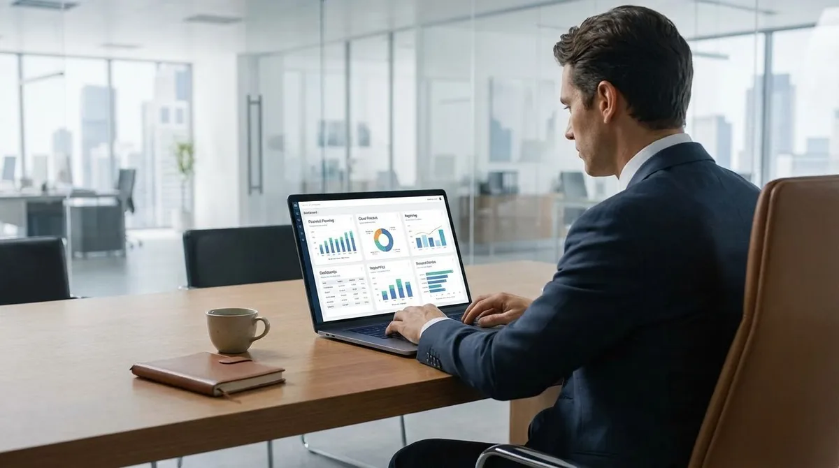 CFO reviewing financial planning tools on a laptop with dashboards and forecasts on screen in a modern finance office.