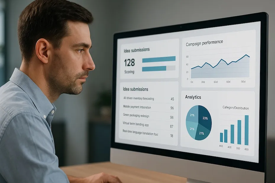A professional analyzing an idea management dashboard with submissions, scoring metrics, campaign performance, and analytics charts displayed on a large screen in an office setting.