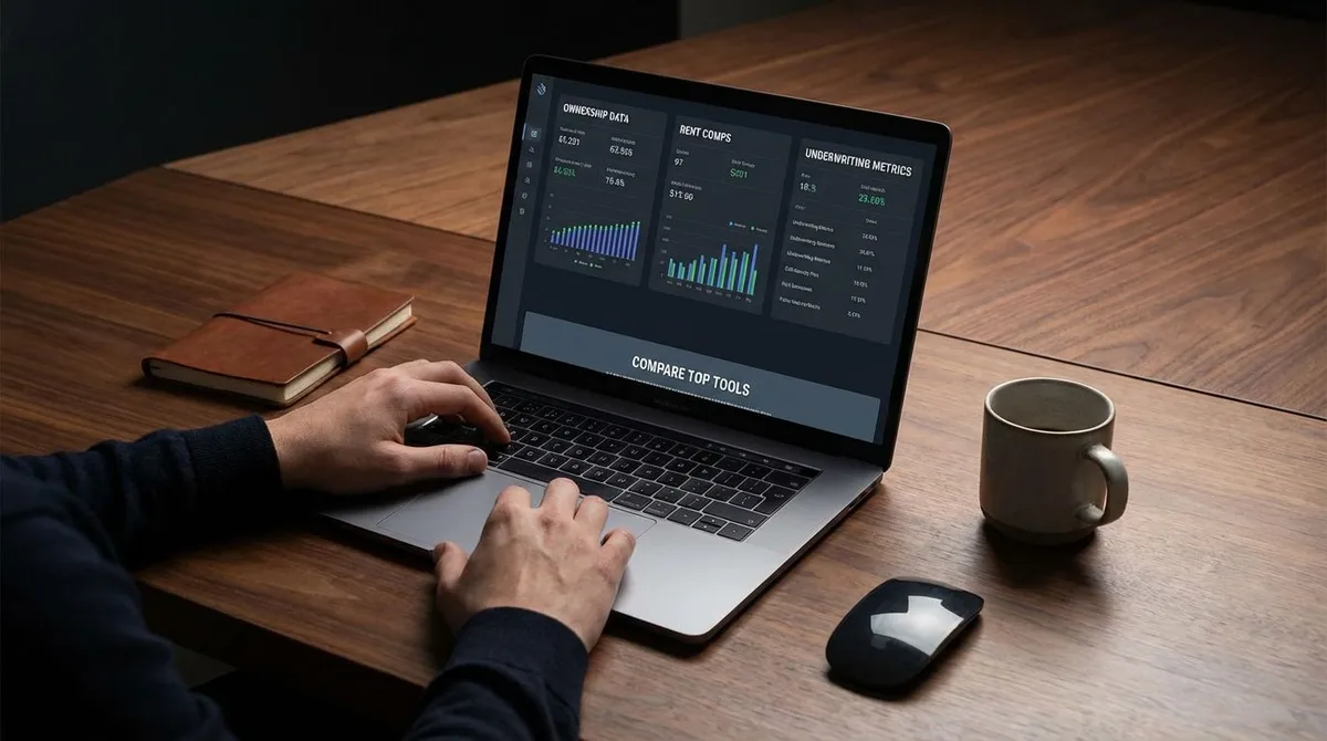 Real estate investor reviewing property data and rent comps on a laptop with charts and calculators on a desk