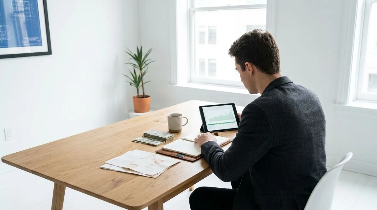 A young entrepreneur stands with a laptop in a small office, planning and managing a new business.