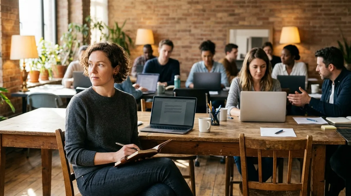 Founder observing potential customers in a shared workspace to identify unmet needs and recurring problems