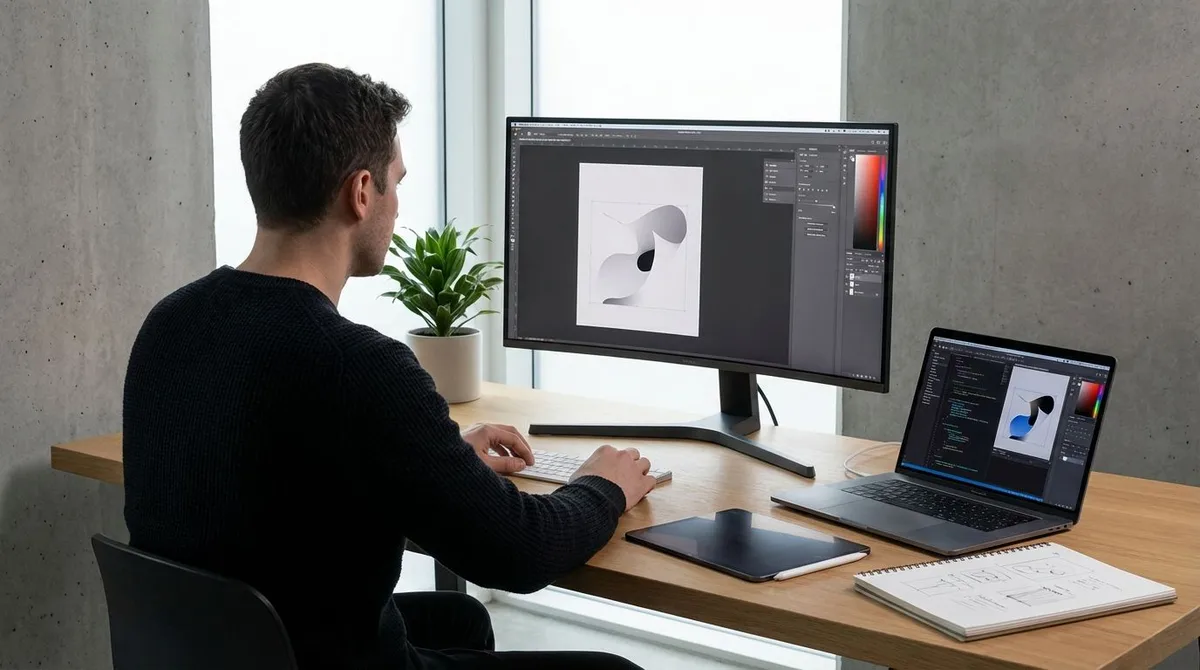 Human creator sketching ideas beside an AI interface on a screen in a modern workspace