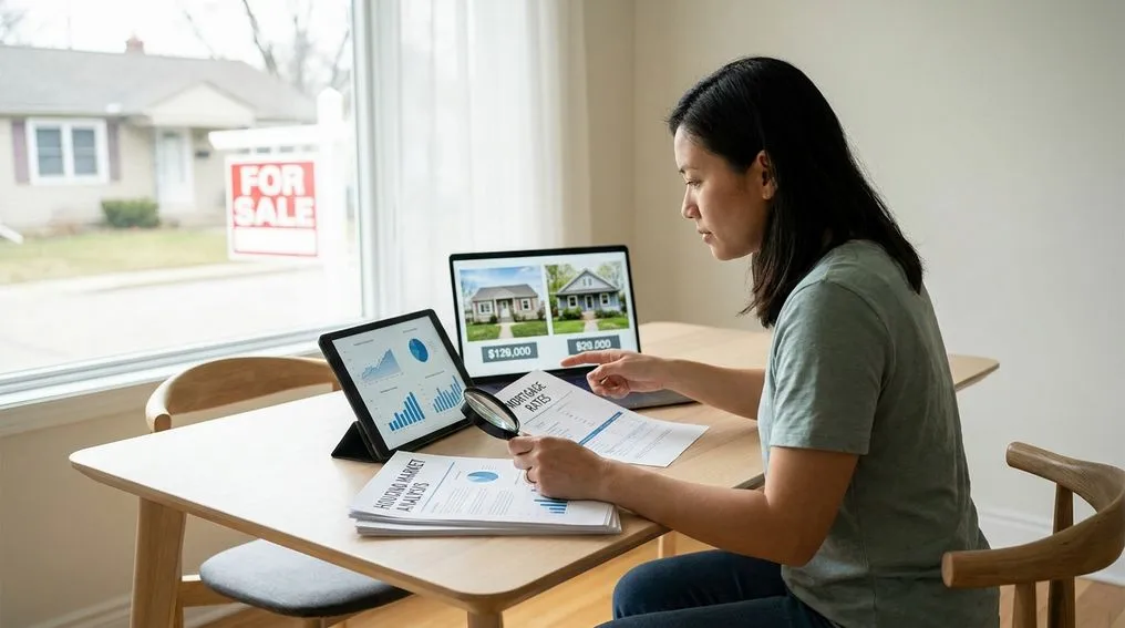 Homebuyer reviewing housing listings beside a for-sale sign, highlighting why more inventory hasn’t improved affordability