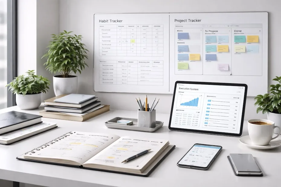 Professional workspace showing planners, systems boards, and structured workflows focused on execution