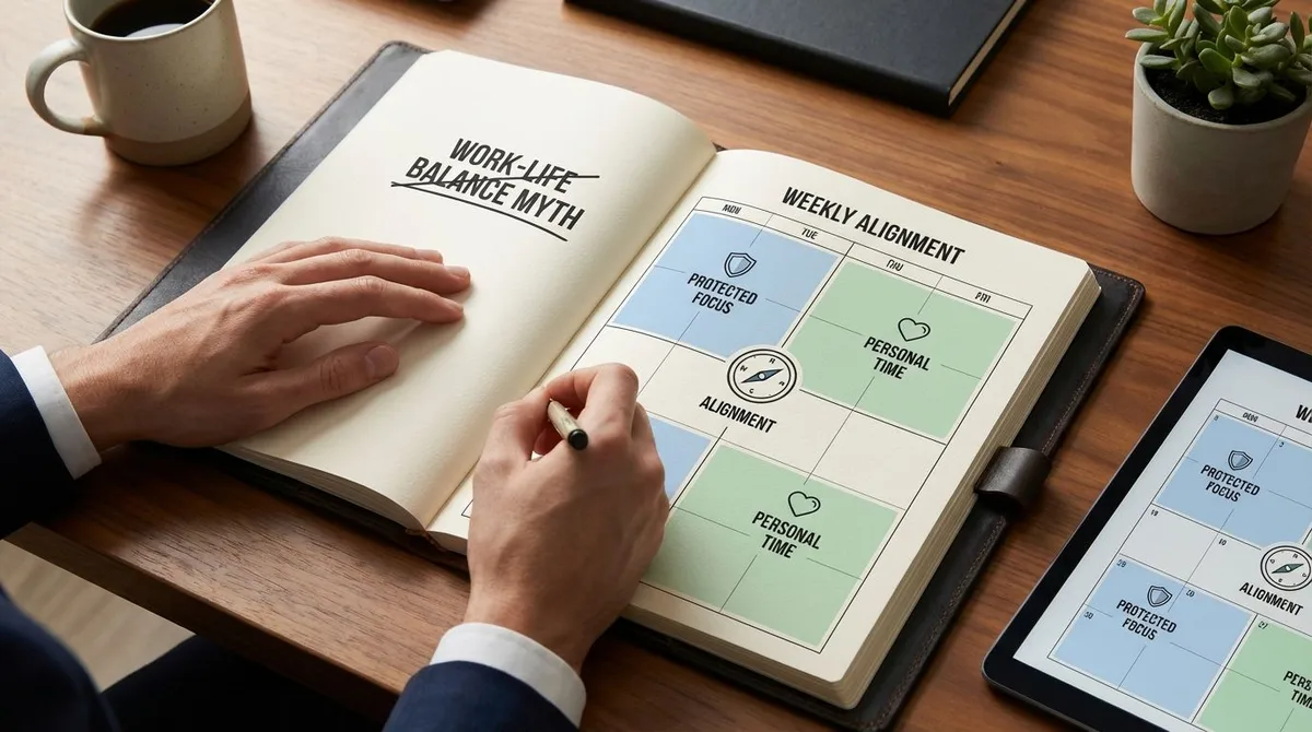 Person at a desk drawing a weekly schedule that separates focus work, family time, and recovery blocks