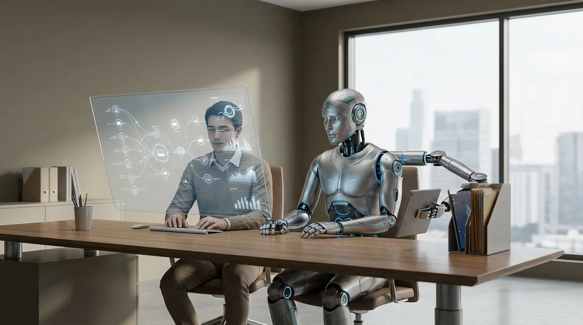 Office worker collaborating with a small robot coworker at a desk with a laptop and workflow dashboard