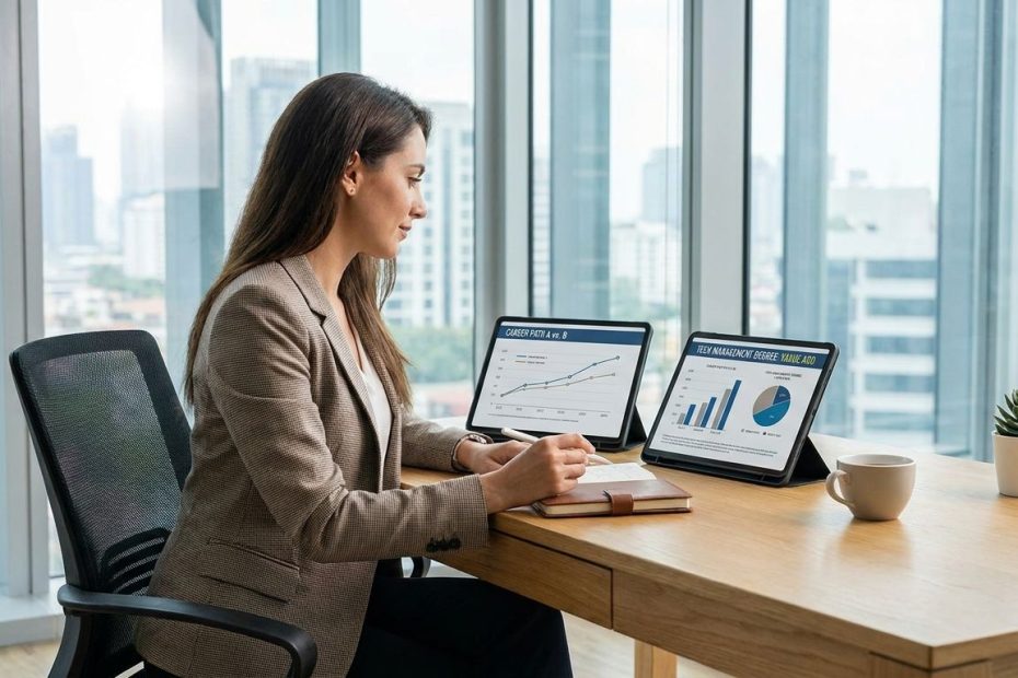 Professional reviewing career options for a technology management degree on a laptop in a modern office