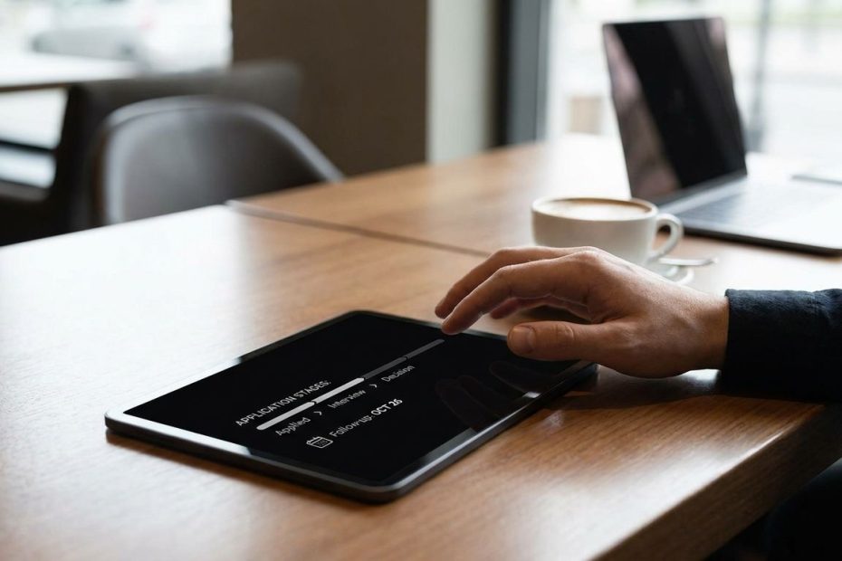 Job seeker reviewing a tech company hiring timeline on a laptop